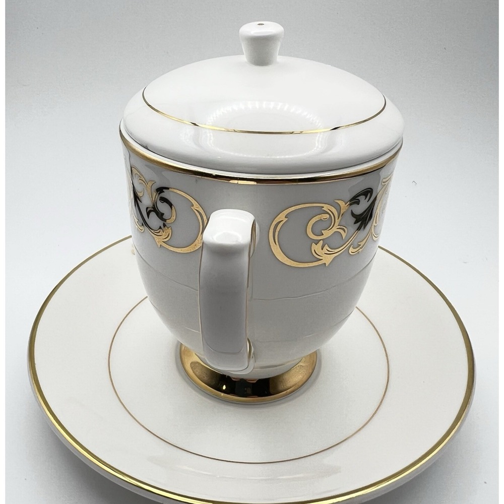 Vintage Hankook Ceramic Kopi Luwak Lidded Coffee Cup Saucer Set Gold Trim Rare - Picture 3 of 16